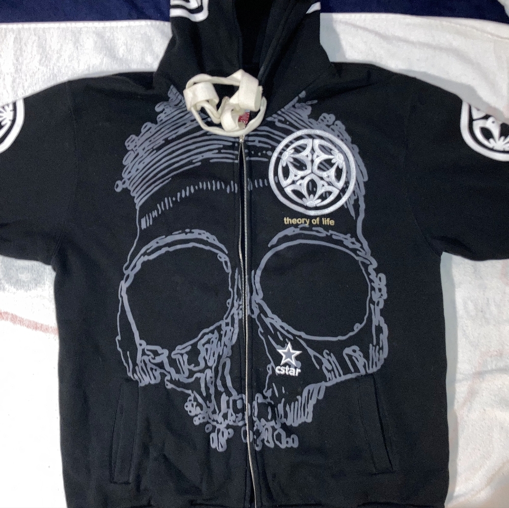 CStar Skull Hoodie Hooded Sweatshirt Black Grey White XXXL 3XL (Broken Zipper)